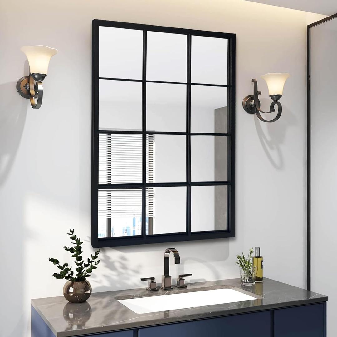 Balck Rectangle Mirror,Window Pane Grid Mirror,Minimalism Wall Mounted Mirror for Entryway,Hallway,Living Room,Fireplace 24"X36" (Black)