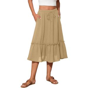 High Waist Tiered Skirts for Women Flowy Skirts for Women Below Knee with Pockets 2025 Fashion Trendy (Medium, A-24 Khaki)
