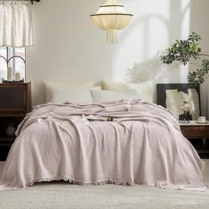 FOSSA Muslin Blanket with Fringe - 4-Layer 100% Cotton Gauze Super Soft & Breathable Throw -Lightweight Decorative Cooling Blanket for Bed, Sofa, Office (Greyish Pink, King (104" 90"))