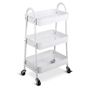 Metal 3 Tiers Utility Rolling Cart, Mobile Storage Shelf with Lockable Caster Wheels, Organization for Livingroom, Bathroom & Narrow Places, White