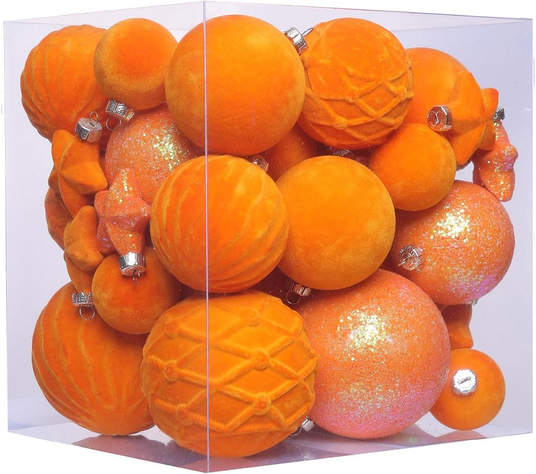 38pcs Orange Velvet Christmas Ball Ornaments, Christmas Tree Decorations With Paper Ornaments, Shatterproof Hanging Xmas Dcor Set for Home Fall Tanksgiving Holiday In 3 Sizes (Small Medium Large)