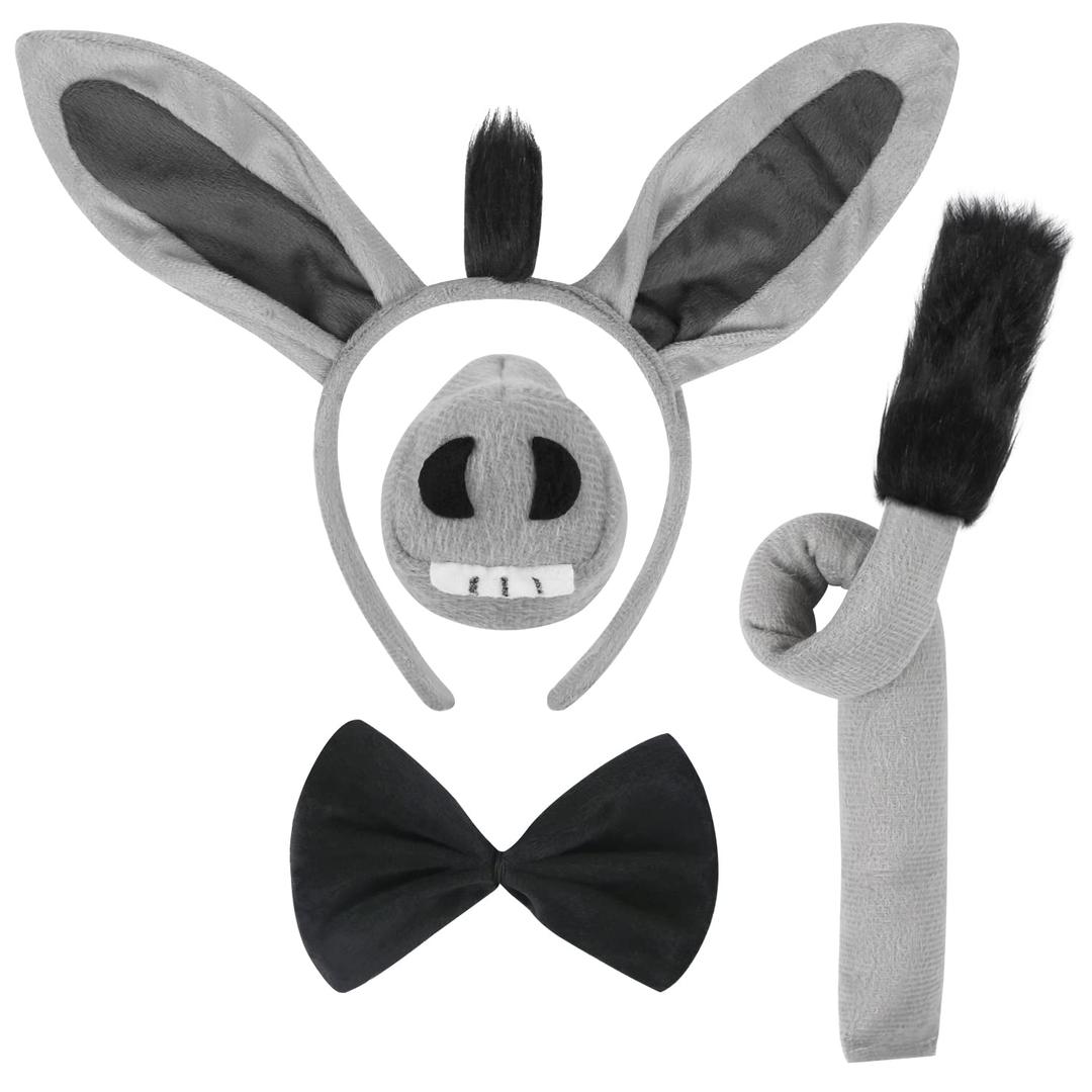 4 Pcs Donkey Costume Set - Ears Headband, Nose, Tail and Bow Tie - Animal Fancy Dress Kit Party Accessories for Halloween, Birthday, Christmas, Cosplay Dress Up Party Decorations