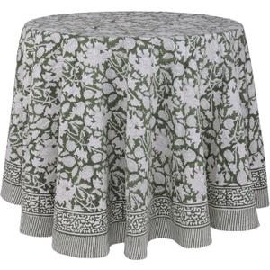 ATOSII Meraki Green 100% Cotton Round Spring Tablecloth, Handblock Print Floral Table Cloth for Kitchen Dining Linen I Parties, Weddings, Outdoors, Christmas, Easter Home Decor 90" Inches Round