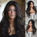 Highlight Honey Brown Layered Wavy Wig With Curtain Bangs for black Women Synthetic Black Mixd Blonde Highlight Wig Long Curly Natural Body Wave for Daily Party Use 24inch