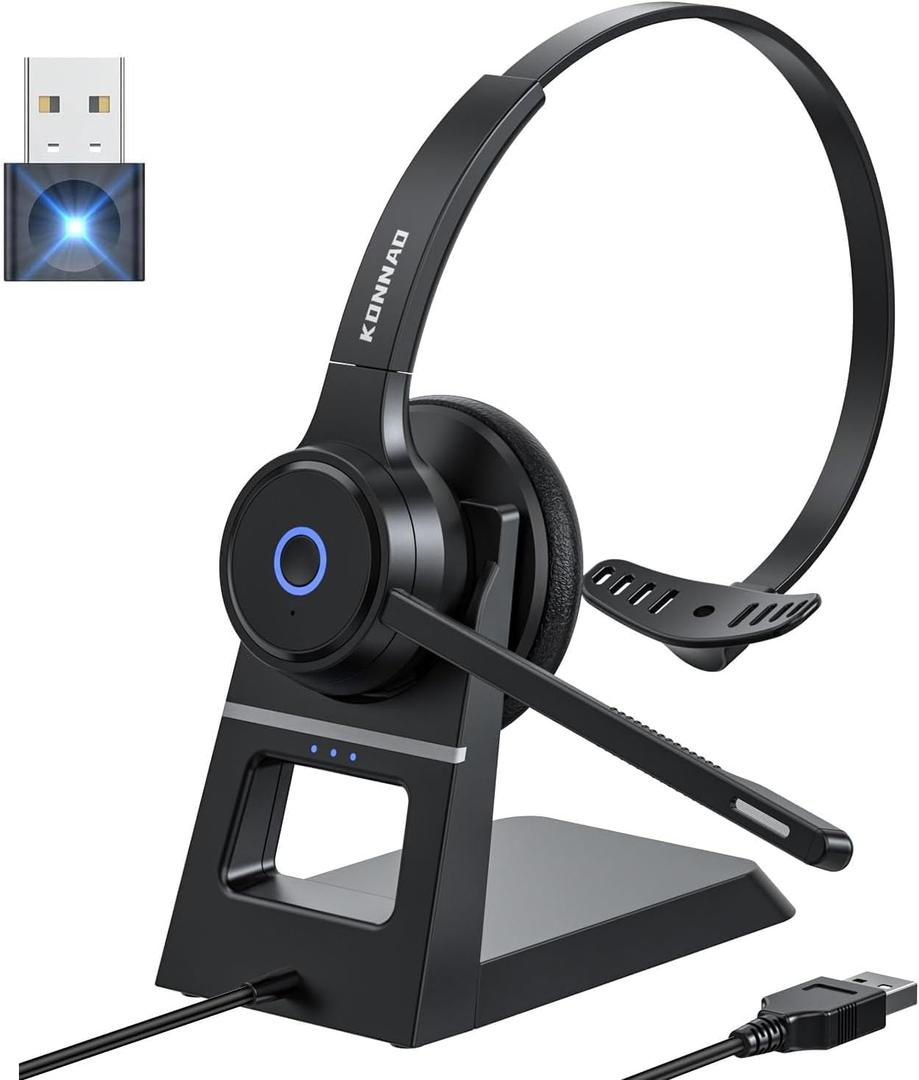 Bluetooth Headset with AI Noise Cancelling Microphone, V5.3 Wireless Headphones with USB Dongle, Charging Station, Microphone Mute Switch, Wireless Headsets for Work (Black)