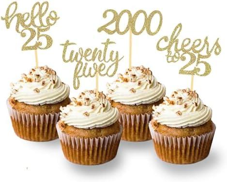 24Pcs Glitter 25th Birthday Cupcake Toppers, Hello 25th Birthday Cake Topper- 25th Birthday Decorations for Celebrating Twenty-Five Years Old Birthday Party (Gold)
