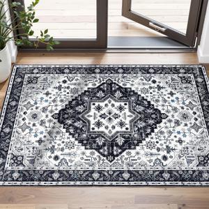 2x3 Rug,Boho Vintage Oriental Washable Rugs,Collapsible Area Rug for Bedroom, Entryway, Kitchen, Bathroom (Black)