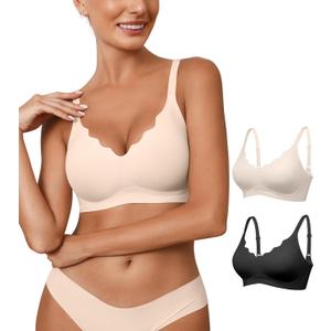 Womens Seamless Bras No Underwire Wireless Push Up Full Coverage Bra Scalloped V Neck T-Shirt Bra Comfort Bralettes (X-Large, Black+beige)