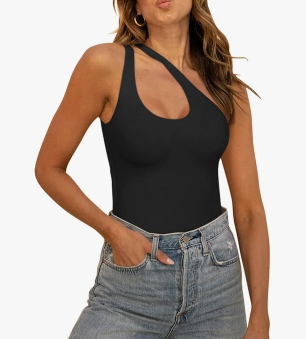 REORIA Butsmooth® Women's Trendy Sexy Plunge One Shoulder Sleeveless V Backless Going Out Tank Bodysuits Tops, M, Black