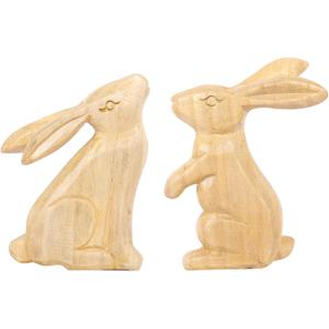 5 x RoseCraft Easter Bunny Decorations, 2PCS Wooden Rustic Handcrafted Rabbit Figurines Spring Table Top Decor, for Home Indoor Holiday Party Farmhouse (Natural)