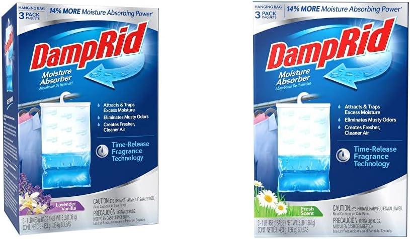 DampRid Hanging Moisture Absorber Bundle - Lavender Vanilla and Fresh Scent, 16 oz. (3 Packs), Eliminates Musty Odors