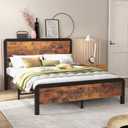 Metal Queen Size Bed Frame with Rustic Vintage Wood Headboard, Platform Bed Frame Mattress Foundation with Safe Rounded Corners & Strong Metal Slats Support, No Box Spring Needed, Retro Brown