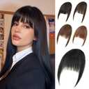 100% Real Human Hair French Bangs Hair Clip Fringe Bangs Extensions Clip in Bangs 8 Inch Short Straight Hairpiece Temples Hairpieces Fake Front Bangs Extensions for Women (Black)