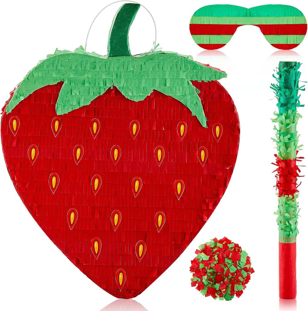 Sotiff 17" Strawberry Piñata Summer Fruit Piñata for Strawberry Birthday Party Summer Fruit Themed Party Game Supplies with Stick Eye Mask Confetti