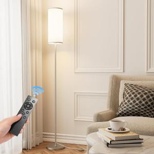 Floor Lamp for Living Room, Modern Standing lamp with Remote Control, Stepless Dimmable 12W Bulb & Beige Lampshade Included, Brushed Nickel Pole Tall Floor Lamp for Bedroom Office, 64.96'