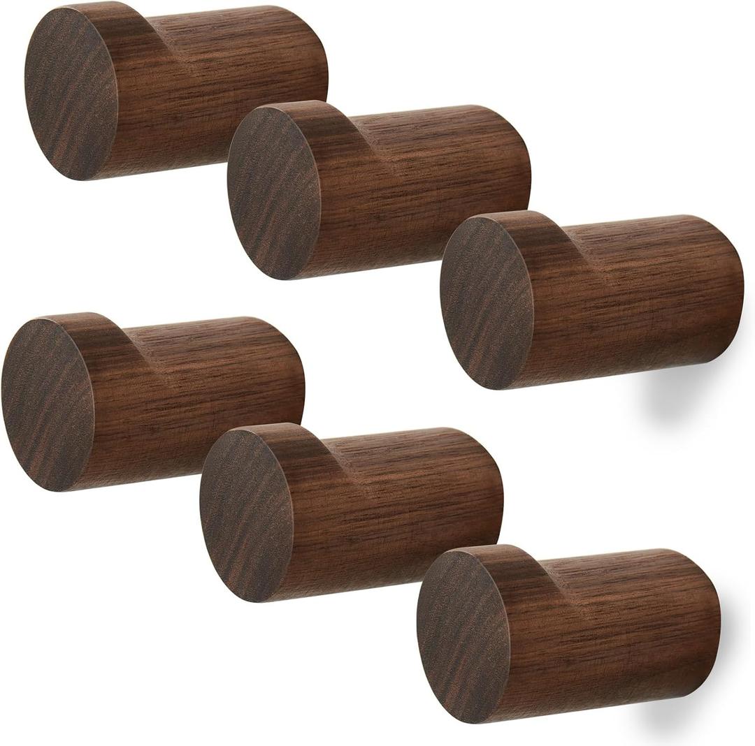 Wood Wall Hooks for Hanging, 6 Pack Rustic Coat Hooks Wall Mount, Handmade Wooden Pegs Hat Hook, Entryway Walls Hanger for Coat Purse, Boho Bathroom Towel Rack (Walnut Wood)