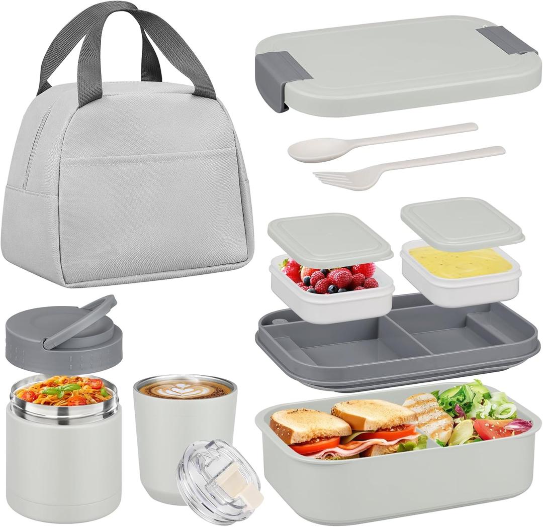 Bento Lunch Box Set with 10.5oz Soup Thermo Food Jar for Adults Kids, Stainless Steel Leak-proof Lunch Container with 4 Compartment, Coffee Tumbler with Lunch Bag for School Travel Office-Grey (Gray)
