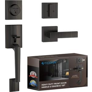 TICONN Front Door Handle Set, Heavy Duty Square Door Lever & Single Cylinder Deadbolt Combo Reversible for Entrance Exterior Doors (Oil Rubbed Bronze)