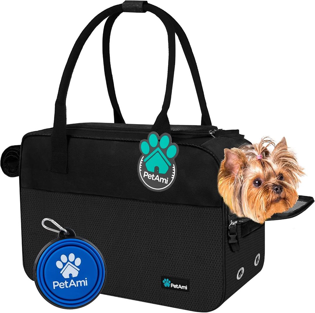 PetAmi Dog Purse Carrier for Small Dogs, Airline Approved Soft Sided Pet Carrier with Pockets, Ventilated Dog Carrying Bag for Puppy Cat, Dog Travel Supplies Bag, Sherpa Bed, Max 12 lbs, Black (One Size (Pack of 1))