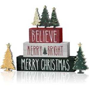 Smile 6 Pcs Christmas Indoor Decoration, Wooden Signs Tabletop Decor, Believe Merry Bright Xmas Trees, Tiered Tray Decor Ornaments for Home Shelf Mantel Fireplace
