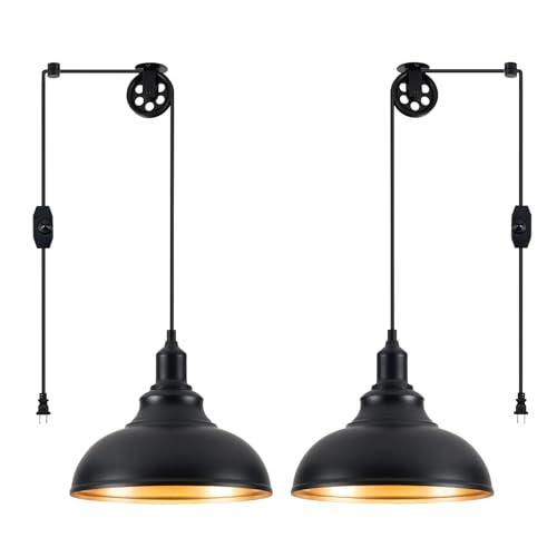 ALAISLYC Black Pendant Light Hanging Lamps for Living Room Plug in 15FT Dimmable Switch Adjustable Pulley Hanging Lights with Cord for Kitchen Bedroom 2 Pack