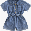 Little Girls Denim Jumpsuit Short Sleeves Turn Down Collar Button Down One-Piece Overalls Elastic Waist Jean Romper 12-18M