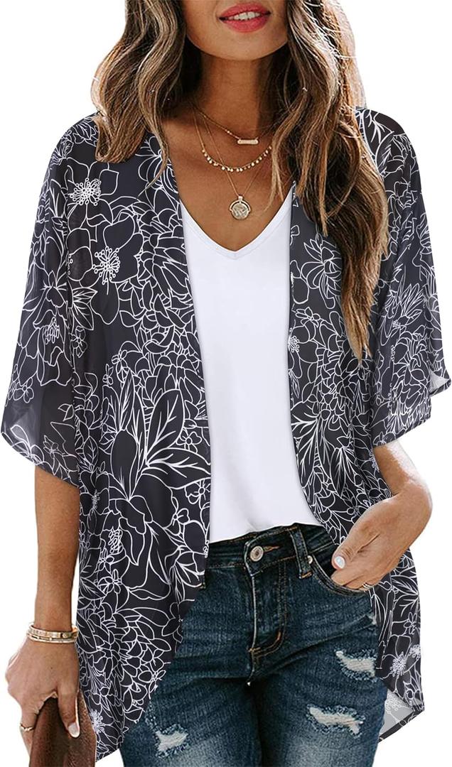 Women's Floral Print Puff Sleeve Kimono Cardigan Loose Cover Up Casual Blouse Tops (X-Large, Black Brief Flowers)