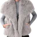 Gihuo Women' s Faux Fur Vest Lapel Collar Sleeveless Furry Jacket Shaggy Jackets Warm Outerwear (Large, Grey)