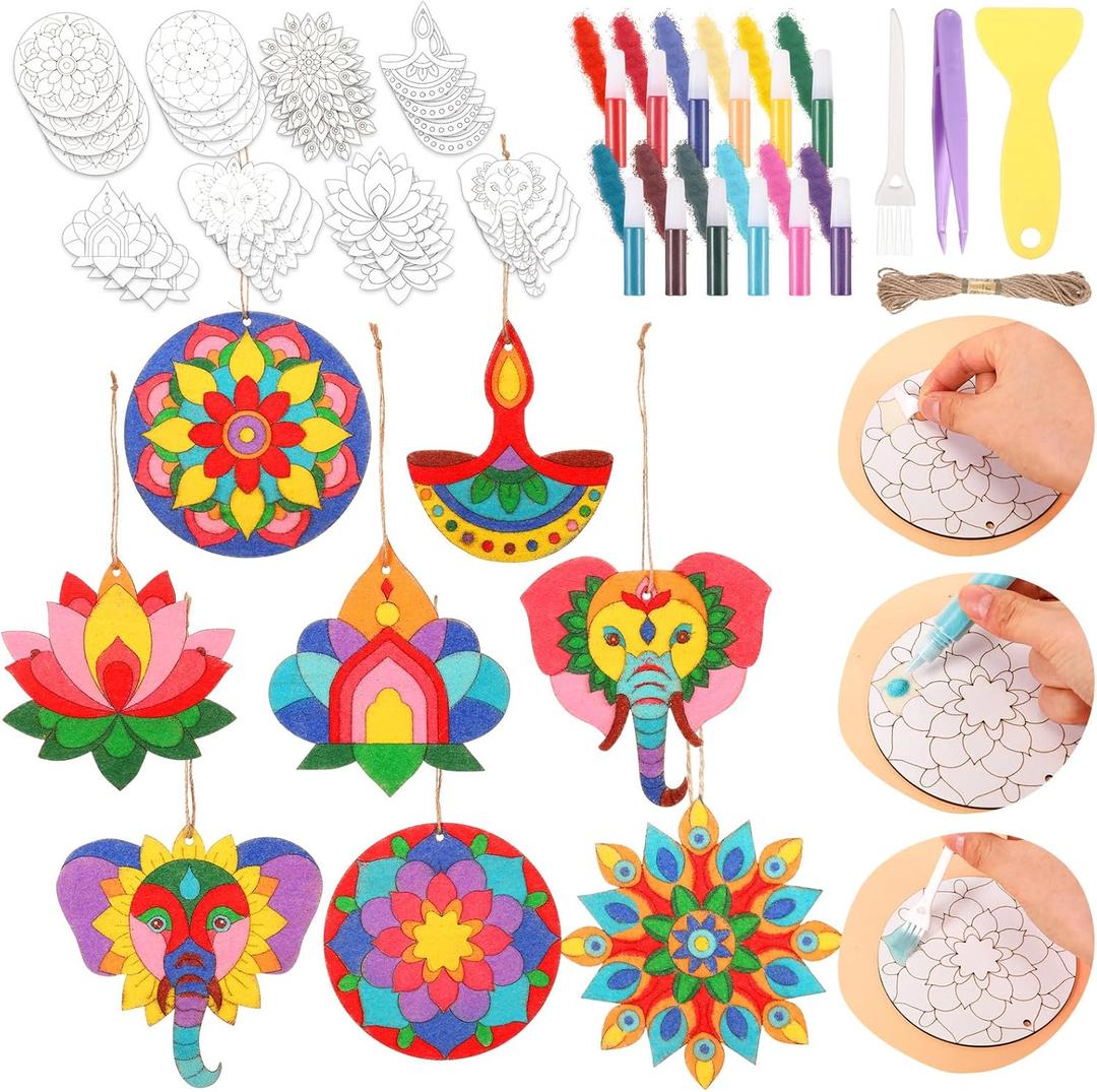 Weekgrat 24 Pcs 4 Inch Sand Painting Mandala Coloring Craft Kits Animal Wooden Sand Art with 12 Colored DIY Valentine Self Adhesive Painting for Party Gifts Fun Home Activities