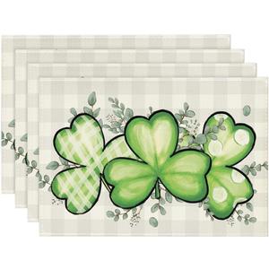 Artoid Mode Bufflao Plaid Shamrock St. Patrick's Day Placemats Set of 4, 12x18 Inch Seasonal Spring Table Mats for Party Kitchen Dining Decoration (Green)