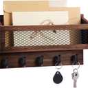 Magnetic Mail and Key Holder for Wall Fridge Wooden Mail Organizer with 5 Key Hooks for Home Bedroom Fridge Kitchen Decorative(Brown)