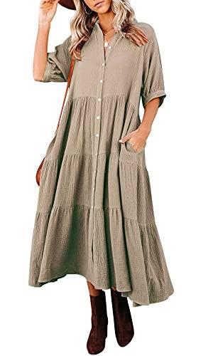 R.Vivimos Women's Summer Cotton Half Sleeves Button Down Casual Loose Slit Midi Dress with Pockets (Small, Khaki)
