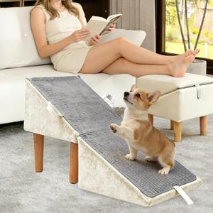 Split Ottoman Dog Ramp for Small Dogs and Cats – 2-in-1 Foldable Wooden Pet Ramp and Stairs for Couch and Low Bed, or Ottoman, Non-Slip and Portable, White