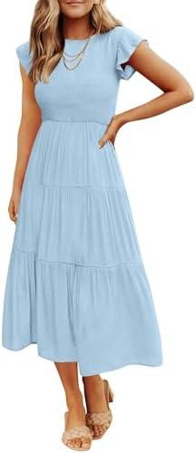 ZESICA Women's 2026 Summer Casual Flutter Short Sleeve Crew Neck Smocked Elastic Waist Tiered Midi Dress, Large