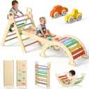 BlueWood Pikler Triangle Set 7in1 Foldable Baby Climbing Toys Wooden Montessori Climbing Set with Arch&Ramp&Ladder Baby Climber Indoor Jungle Gyms for Toddlers Montessori Toys- Rainbow