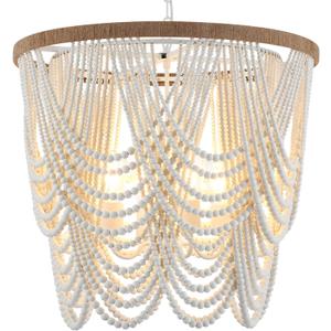 26 Boho Wood Beaded Chandelier Rustic Farmhouse Pendant Light 4-Lights Large Coastal Chandelier for Living Room Dining Room Foyer Entryway Bedroom, Oak White, E26, UL Listed, Curtain