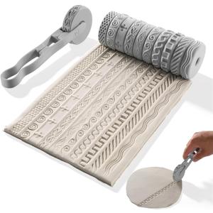 Conderyang 10Pcs 3D Printed Clay Texture Roller Clay Roller with Handle Texture Wheel Set Handheld Pottery Rollers Polymer Tools for Artists Ceramics Art Creation Ceramic Modeling DIY (Light Gray)