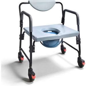 Bedside Commode - Rolling Shower Chair with Wheels - Portable Toilet for Elderly - Rear Locking Wheels 7-qt Commode Bucket Included, HDB-601A