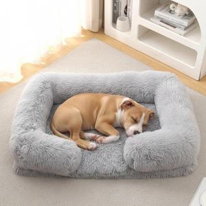 Orthopedic Dog Bed for Large Dogs - Washable Memory Foam Pet Sofa, Fluffy Plush Rectangular Bed, Waterproof Anti-Anxiety Couch, Light Gray, L