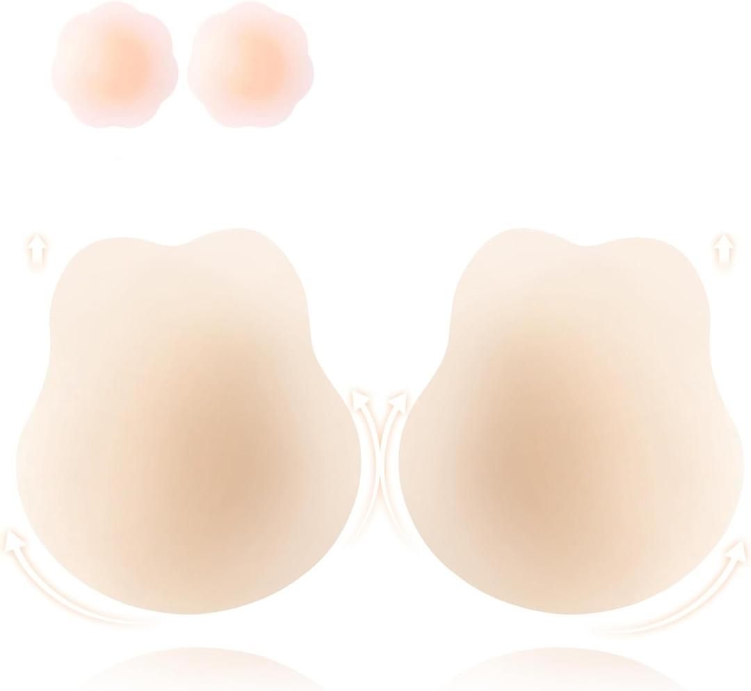 2 x Lift Sticky Bra Push Up, Backless Bra Skin-Friendly Nipple Covers, Adhesive Strapless Bras for Women (Beige)