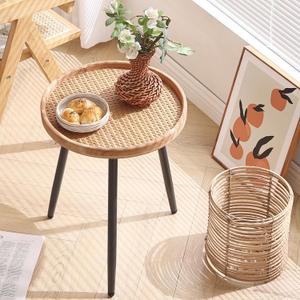 LITA Rattan Log Desktop Round Side End Table, Nightstand/Small Tables, Indoor Outdoor Wooden Tray Table with Metal Stand End Table for Living Room Bedroom Office Small Spaces (Medium)
