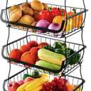 Miyawell Fruit Vegetable Storage Basket, 4 Tier Stackable Metal Wire Storage Baskets with Wheels, Fruit Vegetable Produce Basket Organizer Bins for Kitchen, Pantry, Bathroom