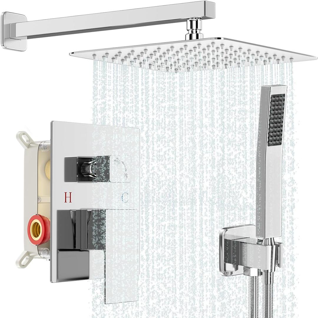 Shower Faucet Set Bathroom Square Rain Shower Head and Handle Set, Wall Mounted Shower Fixtures With Shower Valve and Trim Kit 10 inch Polished Chrome