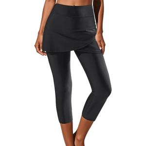 Pinup Fashion Swim Leggings with Skirt - Women Swimming Pants Capris Swimsuit High Waisted UV Swimwear Tights (Medium, Black)