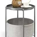 danpinera Round Side Table with Fabric Storage Basket, Metal Side Table Small Bedside Nightstand with Removable Tray Top for Living Room, Bedroom, Nursery, Laundry, Gray (Grey)