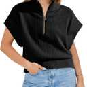 Langwyqu Womens Short Sleeve Cropped Knit Tops Half Zip Cap Sleeve Lightweight Oversized Sweater Vest (X-Large, Black)