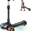 Electric Scooter for Kids Ages 3-12, 3-Wheel Electric Scooter, Electric Kick Scooter with 2 Speed, Long Battery Life, Bluetooth Music, Flashing LED Wheels, Adjustable Height, Gift for Boys/Girls (Black)