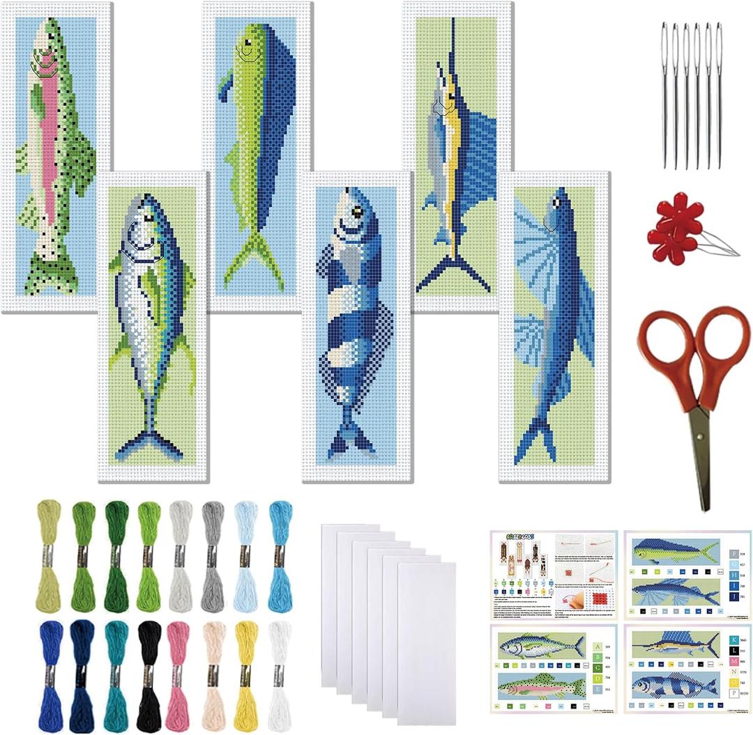 FREEBLOSS 6 Set Cross Stitch Bookmark Kit 11 CT Complete Cross Stitch Kit DIY Embroidery Bookmark Kits for Adult Beginners with Instructions, Fish, 8" x 2.4"