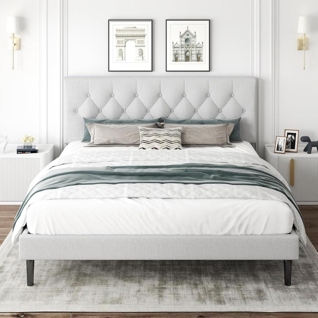 CXVX King Size Platform Bed Frame with Upholstered Headboard, Button Tufted Design, Strong Wooden Slats, No Box Spring Needed, Easy Assembly, Noise Free