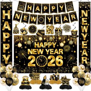 New Years Decorations 2026,Happy New Years Eve Party Supplies Gold and Black Nye Party Decorations With Backdrop Door Banner Hanging Swirls Honeycomb Balloon